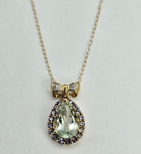 0565: Vintage: 9ct Gold Necklace, Green & Purple Amethyst Diamond Bow Pendant- lovely