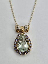 Load image into Gallery viewer, 0565: Vintage: 9ct Gold Necklace, Green &amp; Purple Amethyst Diamond Bow Pendant- lovely
