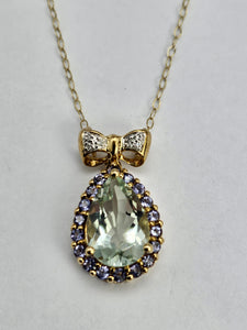 0565: Vintage: 9ct Gold Necklace, Green & Purple Amethyst Diamond Bow Pendant- lovely