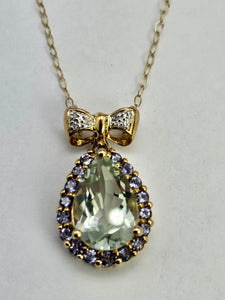 0565: Vintage: 9ct Gold Necklace, Green & Purple Amethyst Diamond Bow Pendant- lovely