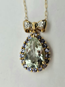 0565: Vintage: 9ct Gold Necklace, Green & Purple Amethyst Diamond Bow Pendant- lovely