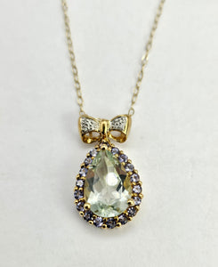 0565: Vintage: 9ct Gold Necklace, Green & Purple Amethyst Diamond Bow Pendant- lovely