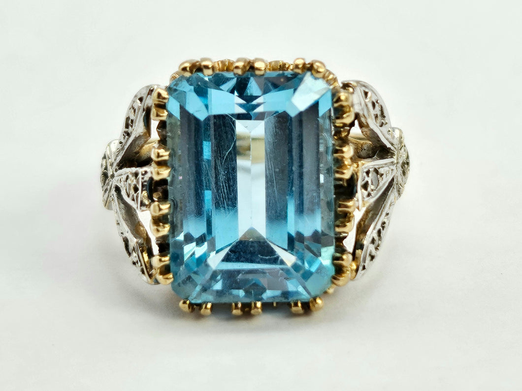 0823: Vintage; Statement 9ct Gold Swiss Blue Topaz Diamonds Cocktail Ring