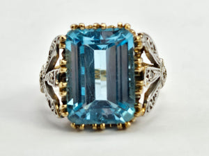 0823: Vintage; Statement 9ct Gold Swiss Blue Topaz Diamonds Cocktail Ring