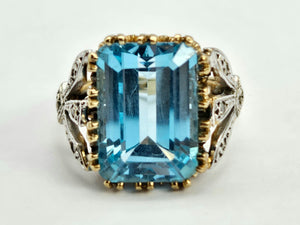 0823: Vintage; Statement 9ct Gold Swiss Blue Topaz Diamonds Cocktail Ring