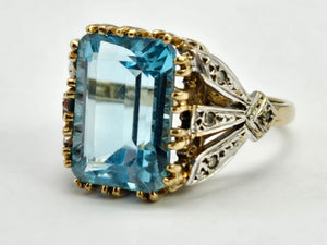 0823: Vintage; Statement 9ct Gold Swiss Blue Topaz Diamonds Cocktail Ring