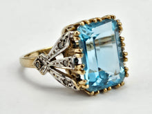 Load image into Gallery viewer, 0823: Vintage; Statement 9ct Gold Swiss Blue Topaz Diamonds Cocktail Ring
