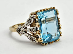 0823: Vintage; Statement 9ct Gold Swiss Blue Topaz Diamonds Cocktail Ring