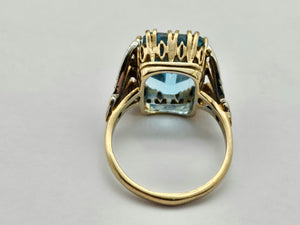 0823: Vintage; Statement 9ct Gold Swiss Blue Topaz Diamonds Cocktail Ring