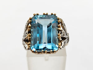 0823: Vintage; Statement 9ct Gold Swiss Blue Topaz Diamonds Cocktail Ring