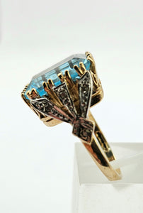 0823: Vintage; Statement 9ct Gold Swiss Blue Topaz Diamonds Cocktail Ring