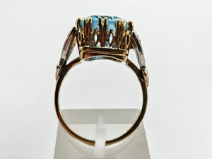 0823: Vintage; Statement 9ct Gold Swiss Blue Topaz Diamonds Cocktail Ring