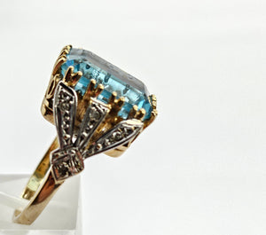 0823: Vintage; Statement 9ct Gold Swiss Blue Topaz Diamonds Cocktail Ring