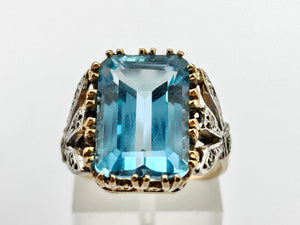 0823: Vintage; Statement 9ct Gold Swiss Blue Topaz Diamonds Cocktail Ring