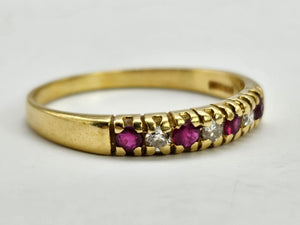 0837: Vintage: 18ct Gold Rubies Diamonds Half-Eternity/Stacker Ring- Date-Mark 1985