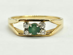 0927:Vintage: Geometric Set 18ct Gold Emerald Diamonds Dress Ring- Date- Mark 1970