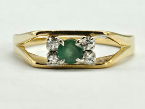 0927:Vintage: Geometric Set 18ct Gold Emerald Diamonds Dress Ring- Date- Mark 1970