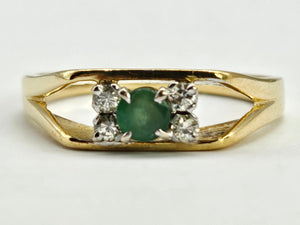 0927:Vintage: Geometric Set 18ct Gold Emerald Diamonds Dress Ring- Date- Mark 1970