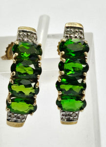 0928: Vintage: Remarkable 9ct Gold Green Diopsides Diamonds Drop Stud Earrings-