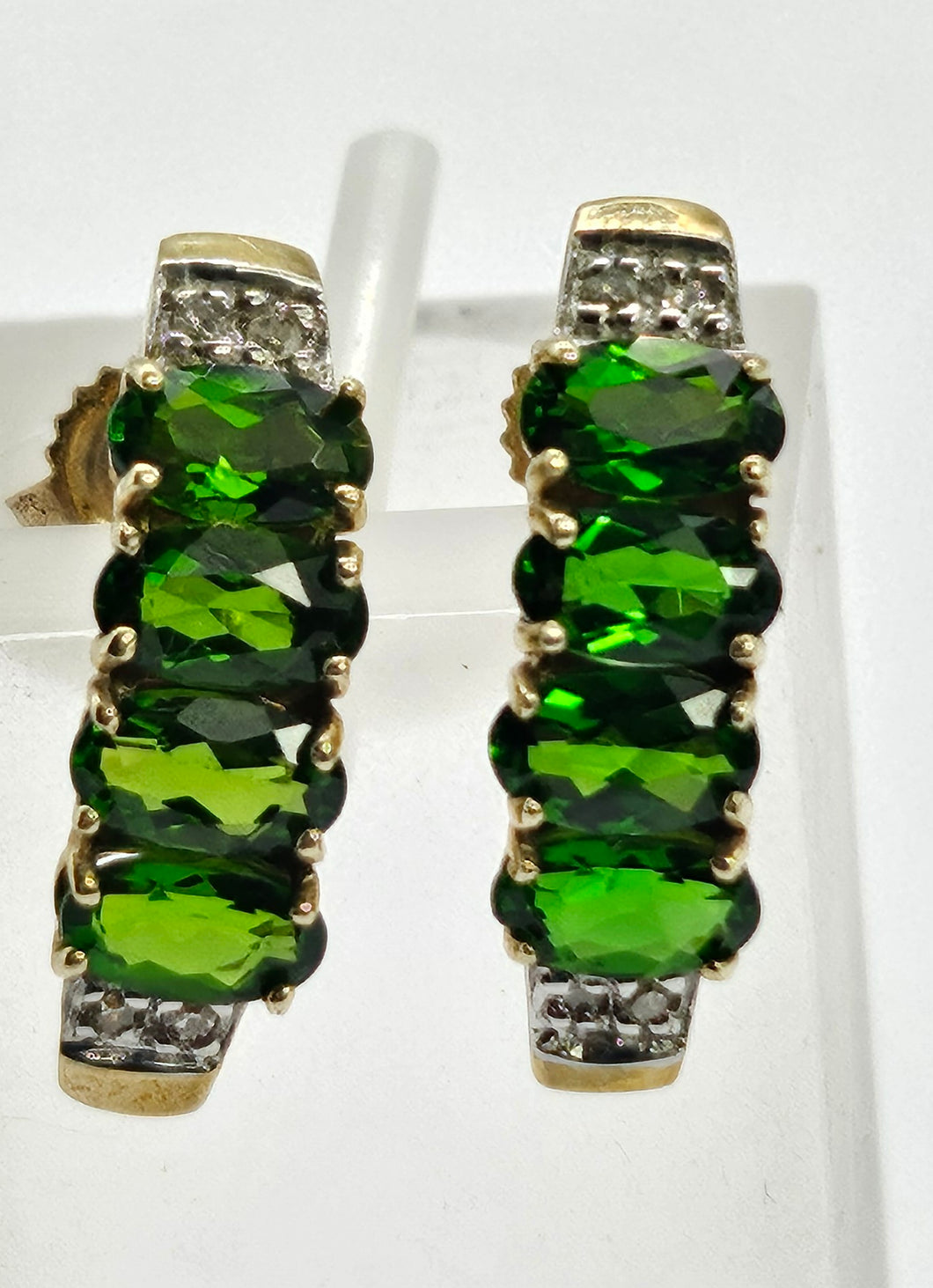 0928: Vintage: Remarkable 9ct Gold Green Diopsides Diamonds Drop Stud Earrings-