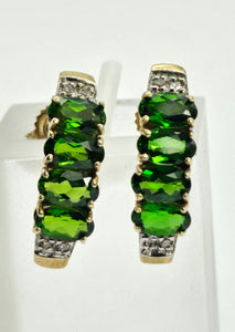 0928: Vintage: Remarkable 9ct Gold Green Diopsides Diamonds Drop Stud Earrings-