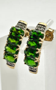 0928: Vintage: Remarkable 9ct Gold Green Diopsides Diamonds Drop Stud Earrings-