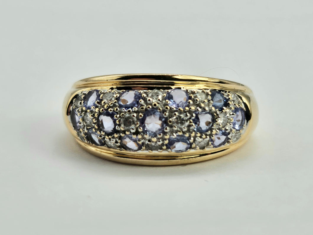 0573: Vintage; 14ct Gold 13 Tanzanite 14 Diamonds Cocktail Ring- very fine example