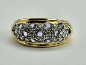 0573: Vintage; 14ct Gold 13 Tanzanite 14 Diamonds Cocktail Ring- very fine example