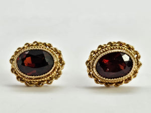 0784: Vintage: 9ct Gold Oval Rich Red Garnet Earrings- Date-Mark 1988