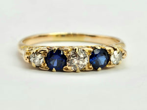 0862: Vintage; 18ct Gold French Blue Sapphires Round Cut Diamonds Half-Eternity/Stacker Ring-