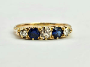 0862: Vintage; 18ct Gold French Blue Sapphires Round Cut Diamonds Half-Eternity/Stacker Ring-