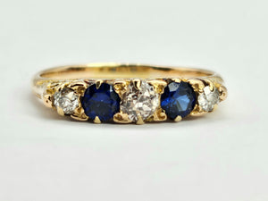 0862: Vintage; 18ct Gold French Blue Sapphires Round Cut Diamonds Half-Eternity/Stacker Ring-