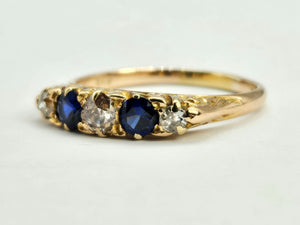 0862: Vintage; 18ct Gold French Blue Sapphires Round Cut Diamonds Half-Eternity/Stacker Ring-