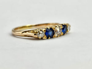 0862: Vintage; 18ct Gold French Blue Sapphires Round Cut Diamonds Half-Eternity/Stacker Ring-