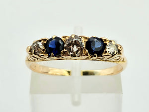 0862: Vintage; 18ct Gold French Blue Sapphires Round Cut Diamonds Half-Eternity/Stacker Ring-