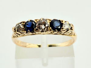 0862: Vintage; 18ct Gold French Blue Sapphires Round Cut Diamonds Half-Eternity/Stacker Ring-