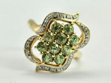 Load image into Gallery viewer, 0941: Vintage; 14ct Gold demantoid Garnets Diamonds Cocktail Cluster Ring- splendid
