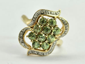 0941: Vintage; 14ct Gold demantoid Garnets Diamonds Cocktail Cluster Ring- splendid