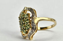 Load image into Gallery viewer, 0941: Vintage; 14ct Gold demantoid Garnets Diamonds Cocktail Cluster Ring- splendid
