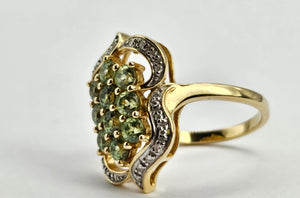 0941: Vintage; 14ct Gold demantoid Garnets Diamonds Cocktail Cluster Ring- splendid