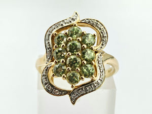 0941: Vintage; 14ct Gold demantoid Garnets Diamonds Cocktail Cluster Ring- splendid