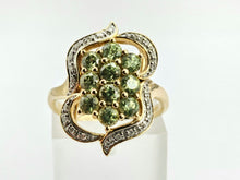 Load image into Gallery viewer, 0941: Vintage; 14ct Gold demantoid Garnets Diamonds Cocktail Cluster Ring- splendid
