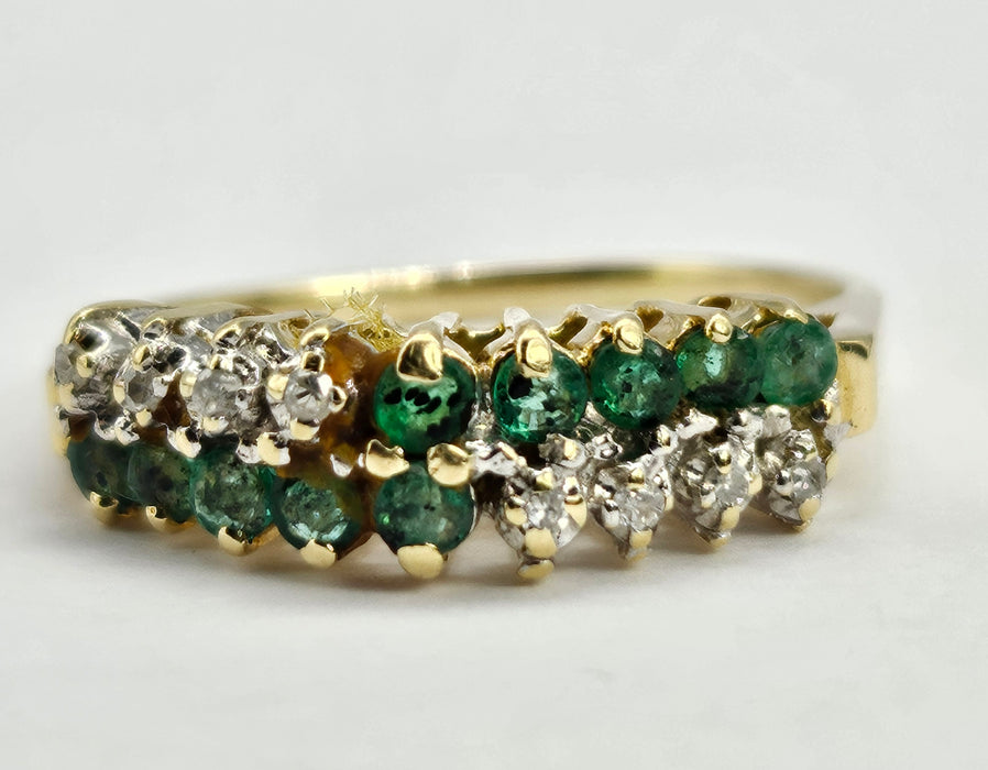 6322 Vintage;14ct Gold 10 Emeralds 8 Diamonds Half-Eternity/Stacker Ring