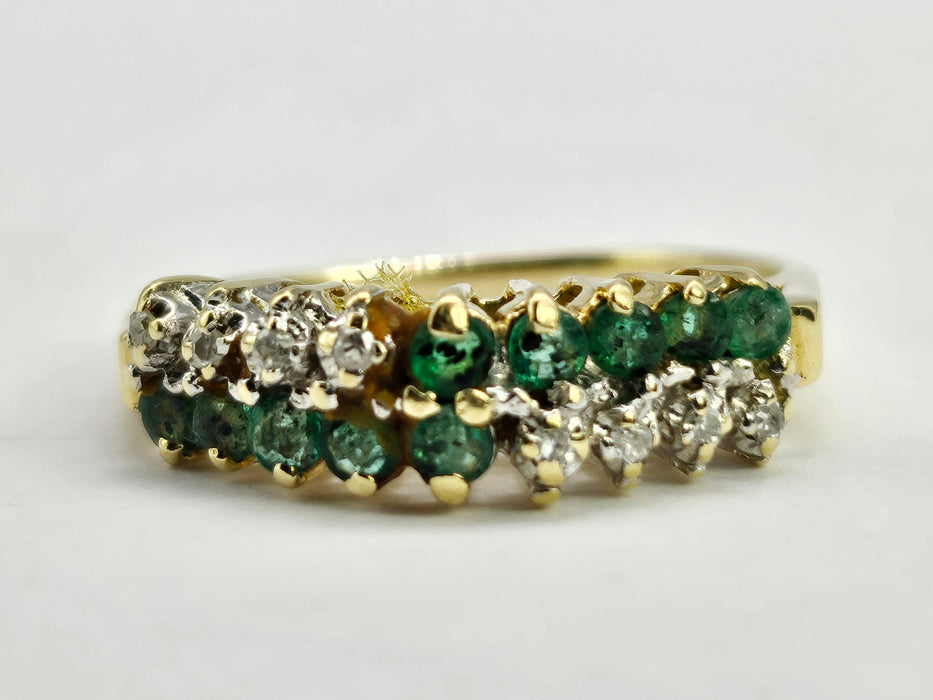 6322 Vintage;14ct Gold 10 Emeralds 8 Diamonds Half-Eternity/Stacker Ring