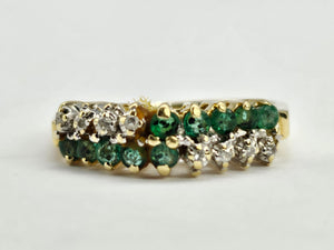 0945: Vintage;14ct Gold 10 Emeralds 8 Diamonds Half-Eternity/Stacker Ring