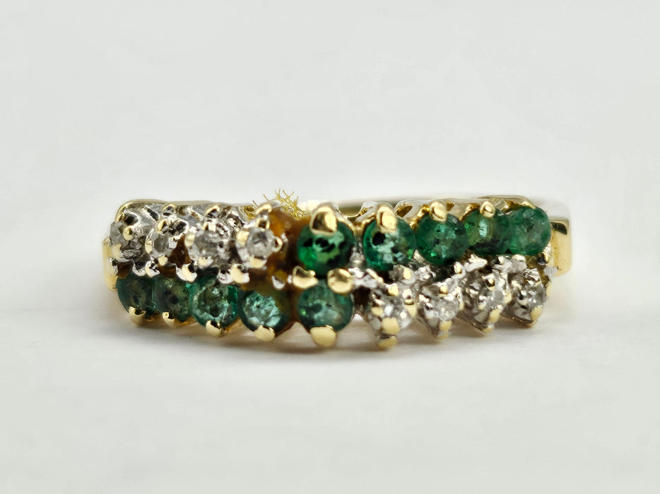 6322 Vintage;14ct Gold 10 Emeralds 8 Diamonds Half-Eternity/Stacker Ring
