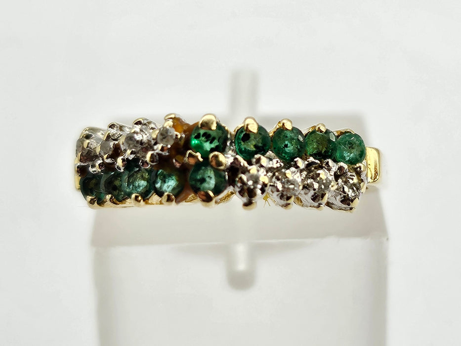 6322 Vintage;14ct Gold 10 Emeralds 8 Diamonds Half-Eternity/Stacker Ring