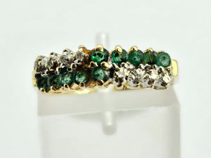 0945: Vintage;14ct Gold 10 Emeralds 8 Diamonds Half-Eternity/Stacker Ring