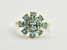 Load image into Gallery viewer, 0896: Vintage: 9ct Gold 11 Swiss Blue Topaz Flower Head Ring- inspired design
