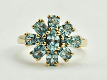 Load image into Gallery viewer, 0896: Vintage: 9ct Gold 11 Swiss Blue Topaz Flower Head Ring- inspired design
